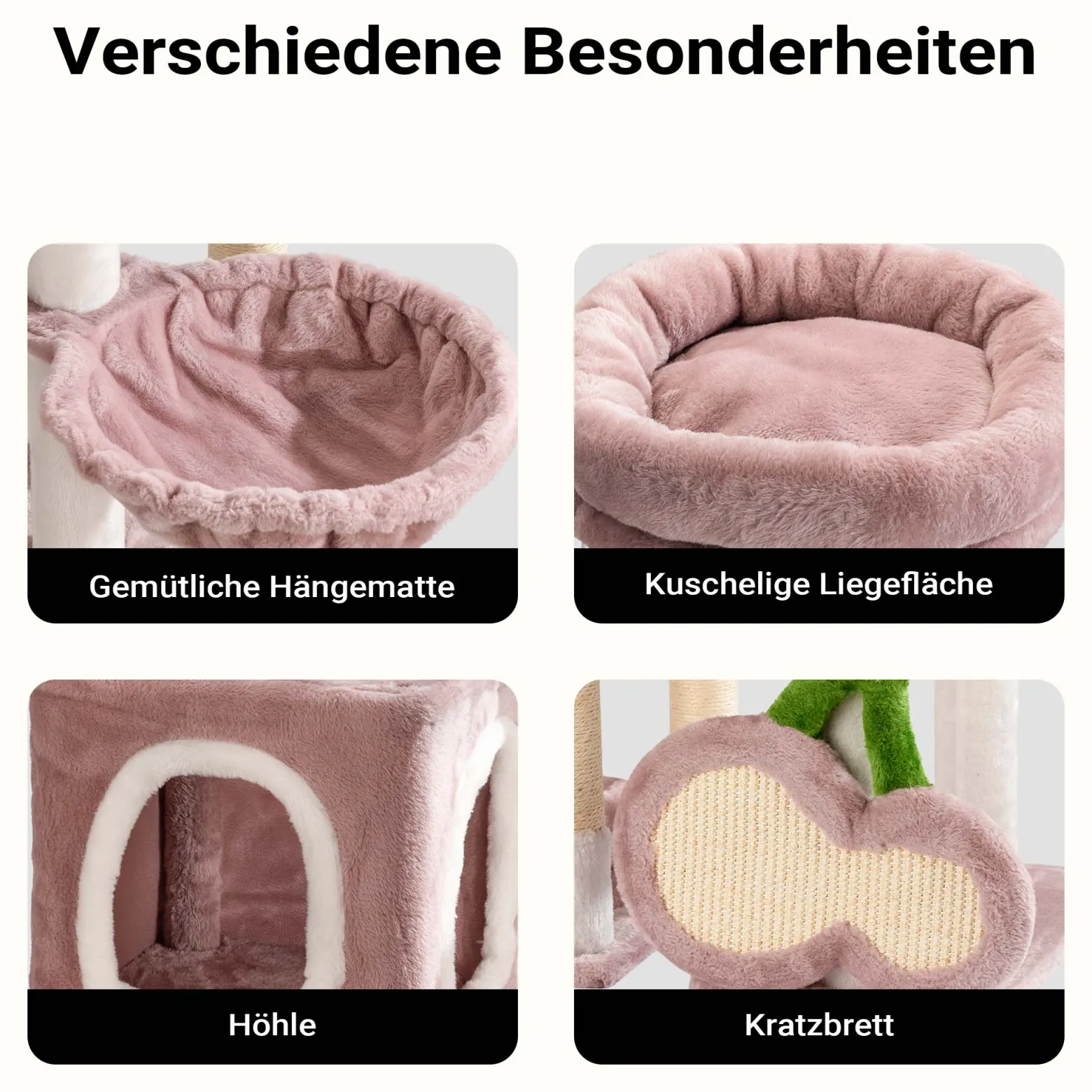 Fudajo Kratzbaum "Kirschen" in Rosa 162 cm hoch, Katzenkratzbaum mit Kratzbrett in Kirsch-Form, Katzenbaum mit Katzenhaus, Liegemulde und Spielbällen