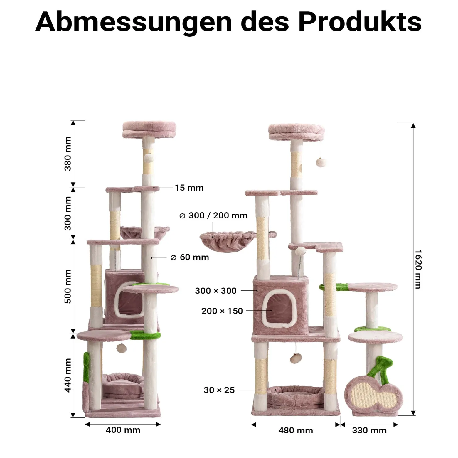 Fudajo Kratzbaum "Kirschen" in Rosa 162 cm hoch, Katzenkratzbaum mit Kratzbrett in Kirsch-Form, Katzenbaum mit Katzenhaus, Liegemulde und Spielbällen
