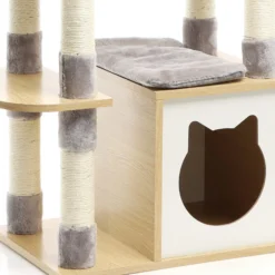 Fudajo Kratzbaum mit Holz 126 cm in Grau, Katzenkratzbaum mit Katzenhaus und Katzenhöhle, Katzenbaum mit Liege und Sisal, Katzenmöbel mit Spielbällen