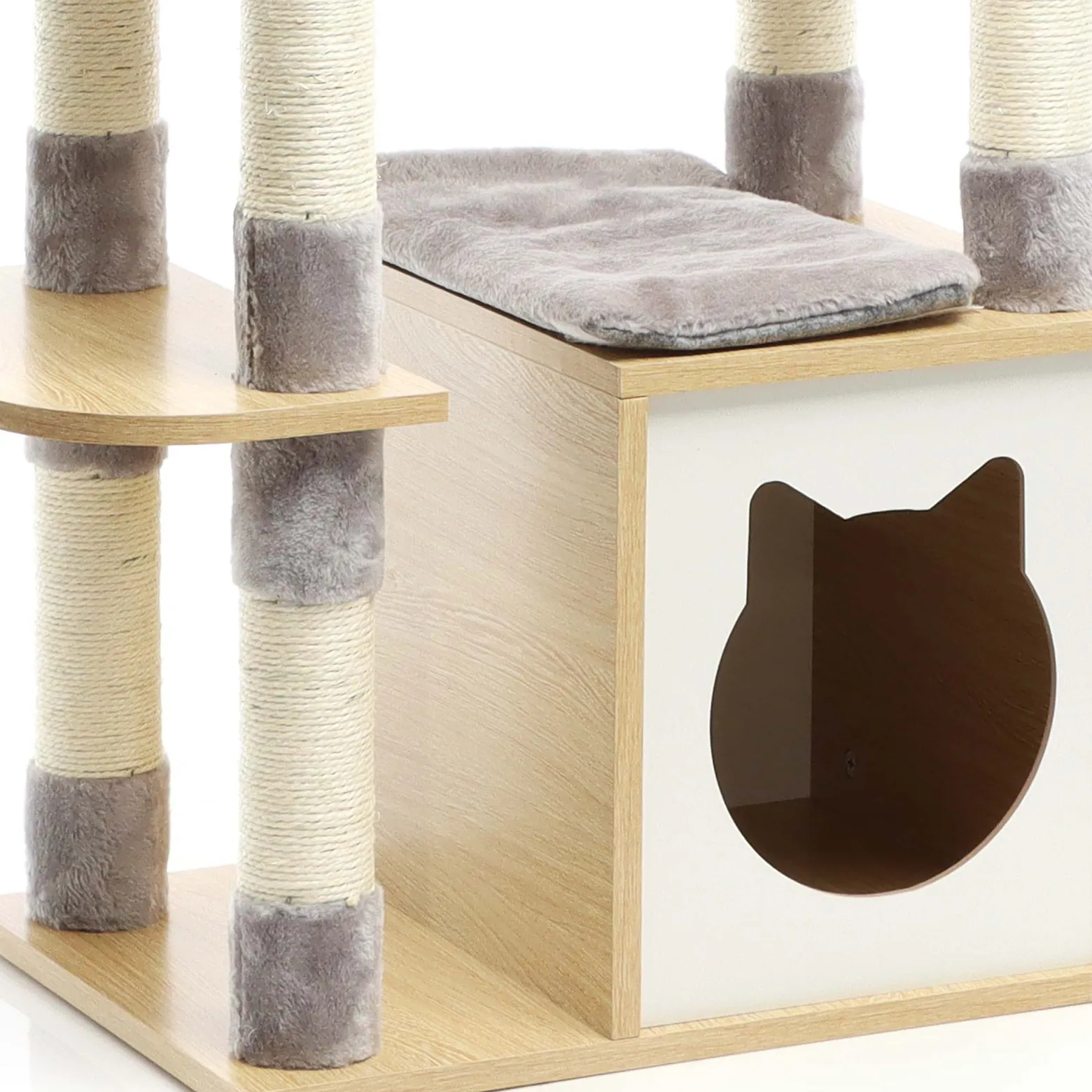Fudajo Kratzbaum mit Holz 126 cm in Grau, Katzenkratzbaum mit Katzenhaus und Katzenhöhle, Katzenbaum mit Liege und Sisal, Katzenmöbel mit Spielbällen