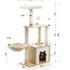 Fudajo Kratzbaum mit Holz in Beige 106 cm hoch, Katzenkratzbaum mit Katzenhaus und Liegemulde, Katzenbaum mit Sisal, Katzenmöbel mit Plüsch