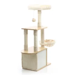 Fudajo Kratzbaum mit Holz in Beige 106 cm hoch, Katzenkratzbaum mit Katzenhaus und Liegemulde, Katzenbaum mit Sisal, Katzenmöbel mit Plüsch