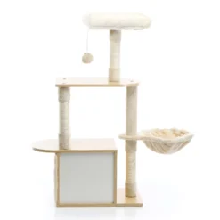 Fudajo Kratzbaum mit Holz in Beige 106 cm hoch, Katzenkratzbaum mit Katzenhaus und Liegemulde, Katzenbaum mit Sisal, Katzenmöbel mit Plüsch