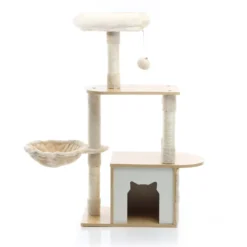 Fudajo Kratzbaum mit Holz in Beige 106 cm hoch, Katzenkratzbaum mit Katzenhaus und Liegemulde, Katzenbaum mit Sisal, Katzenmöbel mit Plüsch