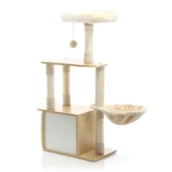Fudajo Kratzbaum mit Holz in Beige 106 cm hoch, Katzenkratzbaum mit Katzenhaus und Liegemulde, Katzenbaum mit Sisal, Katzenmöbel mit Plüsch
