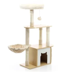 Fudajo Kratzbaum mit Holz in Beige 106 cm hoch, Katzenkratzbaum mit Katzenhaus und Liegemulde, Katzenbaum mit Sisal, Katzenmöbel mit Plüsch
