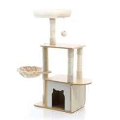 Fudajo Kratzbaum mit Holz in Beige 106 cm hoch, Katzenkratzbaum mit Katzenhaus und Liegemulde, Katzenbaum mit Sisal, Katzenmöbel mit Plüsch