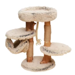 Fudajo Kratzbaum mit Holz und Plüsch 87,5 cm hoch, Designer Katzenkratzbaum mit Birnbaumholz, Katzenbaum mit Hängematte, Katzenmöbel mit Liege