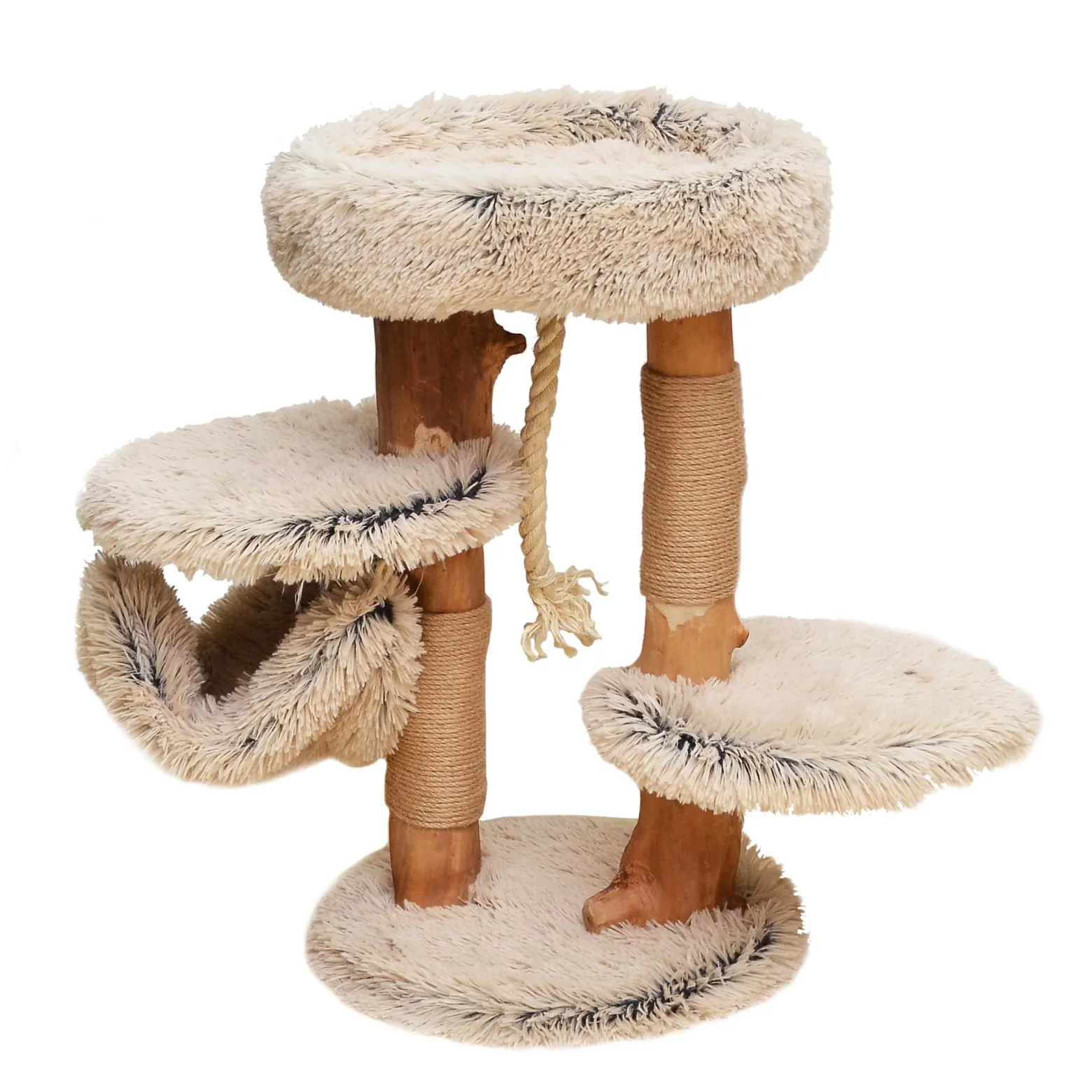 Fudajo Kratzbaum mit Holz und Plüsch 87,5 cm hoch, Designer Katzenkratzbaum mit Birnbaumholz, Katzenbaum mit Hängematte, Katzenmöbel mit Liege