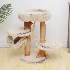 Fudajo Kratzbaum mit Holz und Plüsch 87,5 cm hoch, Designer Katzenkratzbaum mit Birnbaumholz, Katzenbaum mit Hängematte, Katzenmöbel mit Liege
