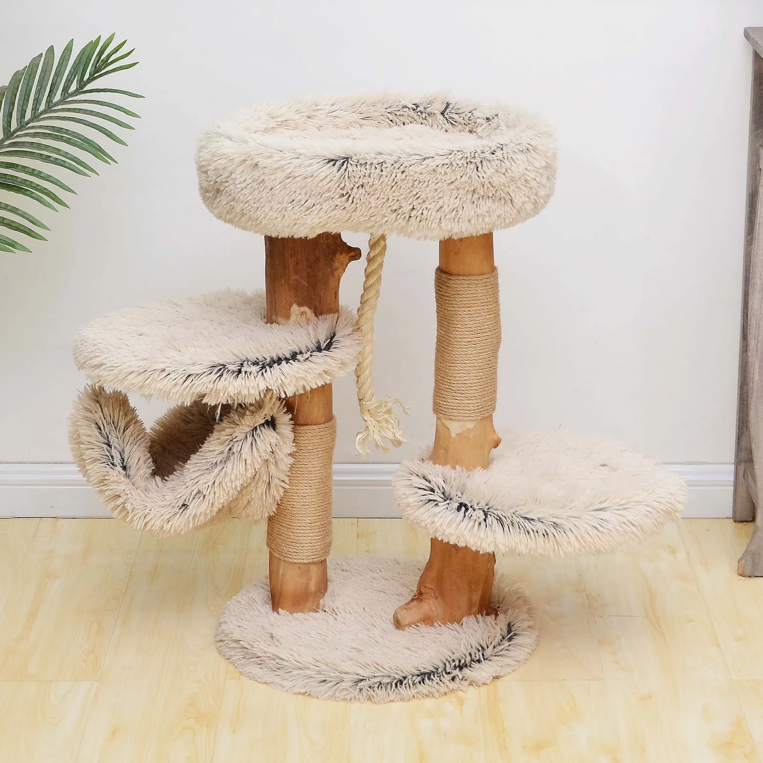 Fudajo Kratzbaum mit Holz und Plüsch 87,5 cm hoch, Designer Katzenkratzbaum mit Birnbaumholz, Katzenbaum mit Hängematte, Katzenmöbel mit Liege