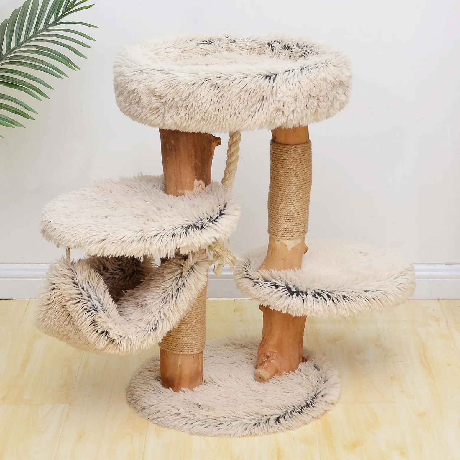 Fudajo Kratzbaum mit Holz und Plüsch 87,5 cm hoch, Designer Katzenkratzbaum mit Birnbaumholz, Katzenbaum mit Hängematte, Katzenmöbel mit Liege