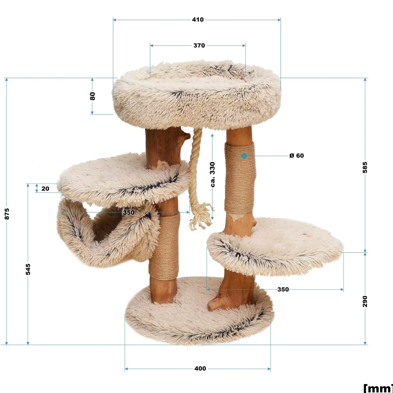 Fudajo Kratzbaum mit Holz und Plüsch 87,5 cm hoch, Designer Katzenkratzbaum mit Birnbaumholz, Katzenbaum mit Hängematte, Katzenmöbel mit Liege