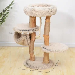 Fudajo Kratzbaum mit Holz und Plüsch 87,5 cm hoch, Designer Katzenkratzbaum mit Birnbaumholz, Katzenbaum mit Hängematte, Katzenmöbel mit Liege