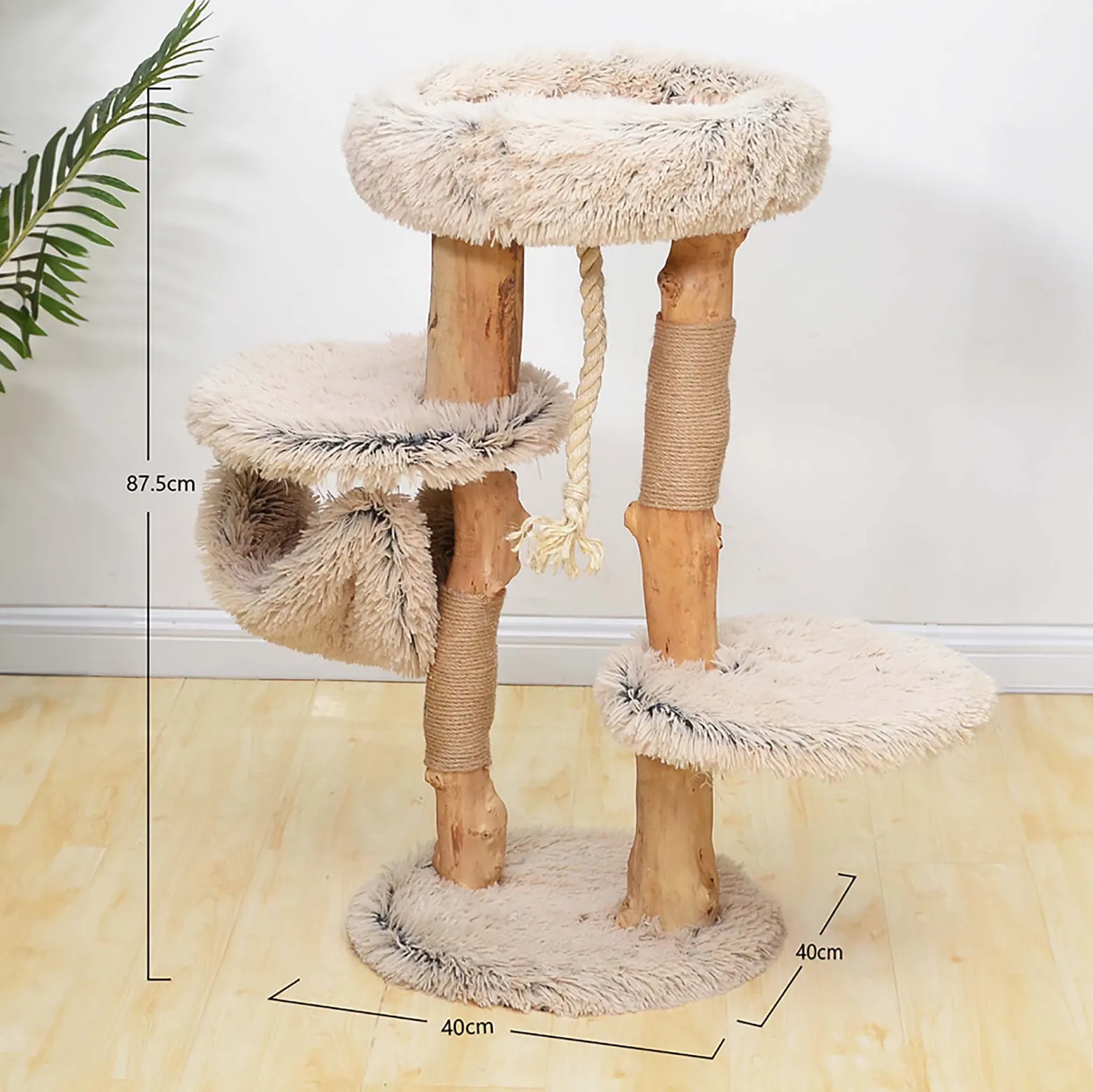 Fudajo Kratzbaum mit Holz und Plüsch 87,5 cm hoch, Designer Katzenkratzbaum mit Birnbaumholz, Katzenbaum mit Hängematte, Katzenmöbel mit Liege