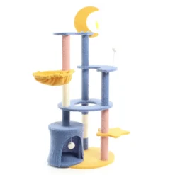 Fudajo Kratzbaum mit Mond und Sterne 132 cm hoch, Katzenkratzbaum in Blau/Gelb, Katzenbaum mit Katzenhaus und Liegemulde, Katzenmöbel mit Spielbälle