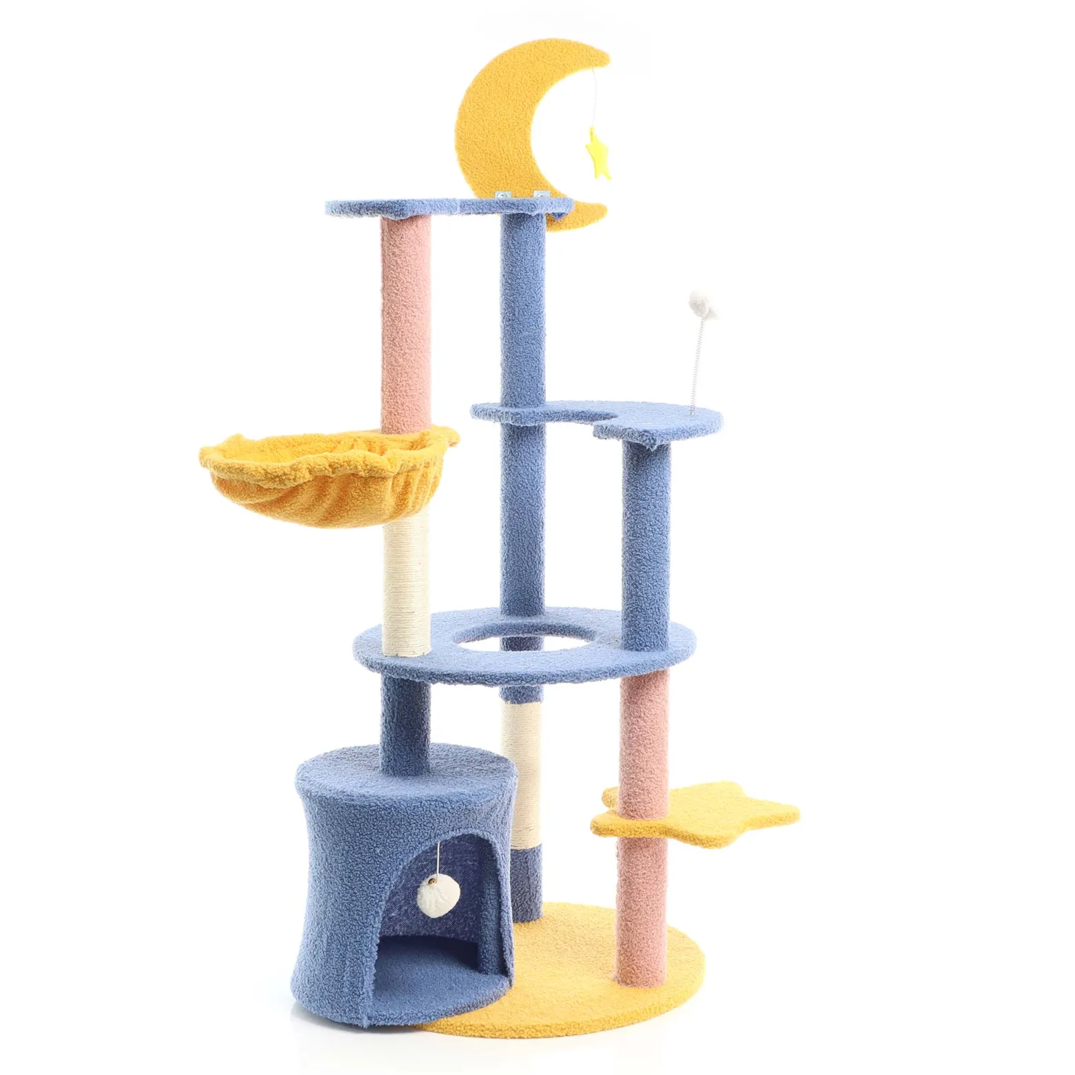Fudajo Kratzbaum mit Mond und Sterne 132 cm hoch, Katzenkratzbaum in Blau/Gelb, Katzenbaum mit Katzenhaus und Liegemulde, Katzenmöbel mit Spielbälle