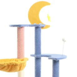 Fudajo Kratzbaum mit Mond und Sterne 132 cm hoch, Katzenkratzbaum in Blau/Gelb, Katzenbaum mit Katzenhaus und Liegemulde, Katzenmöbel mit Spielbälle