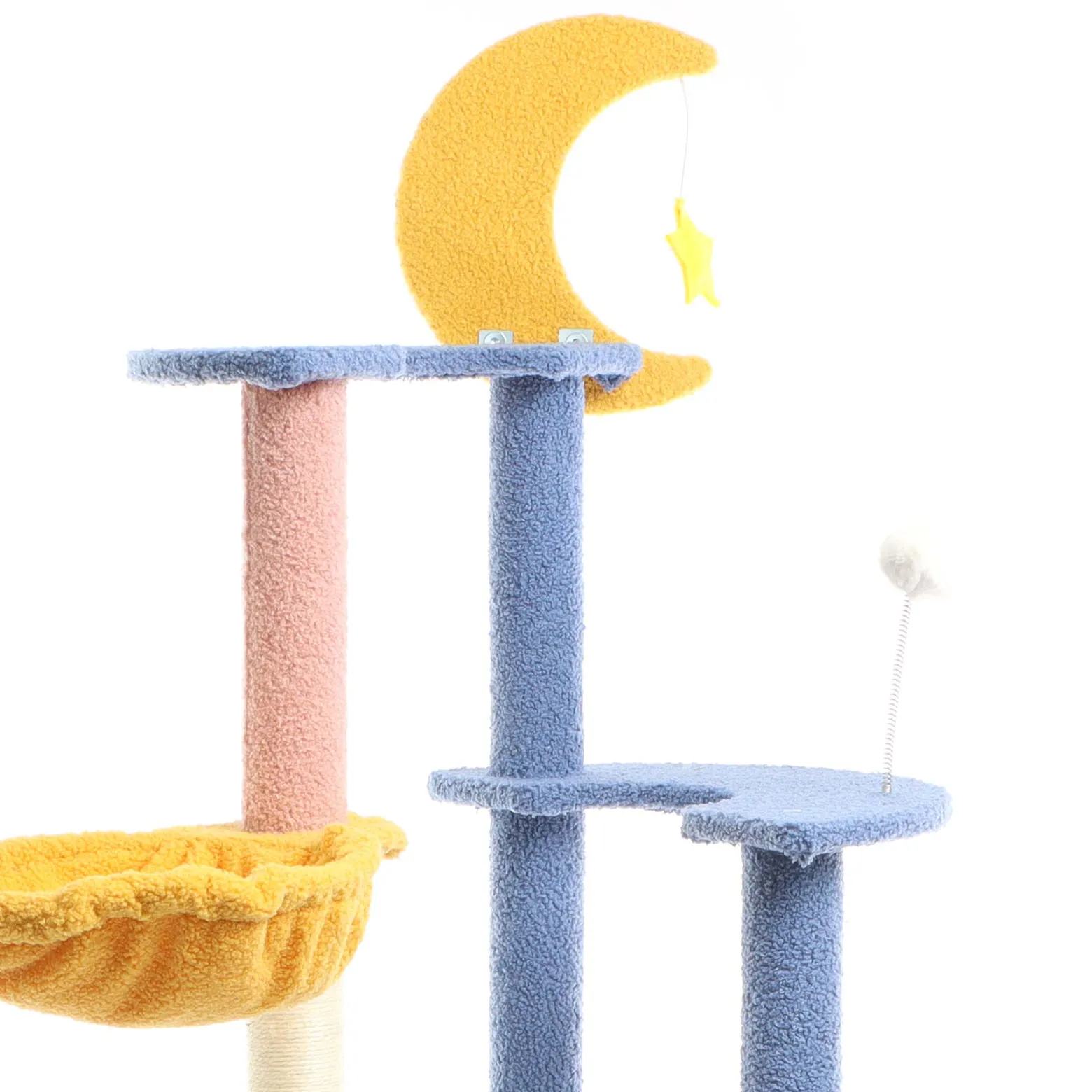 Fudajo Kratzbaum mit Mond und Sterne 132 cm hoch, Katzenkratzbaum in Blau/Gelb, Katzenbaum mit Katzenhaus und Liegemulde, Katzenmöbel mit Spielbälle