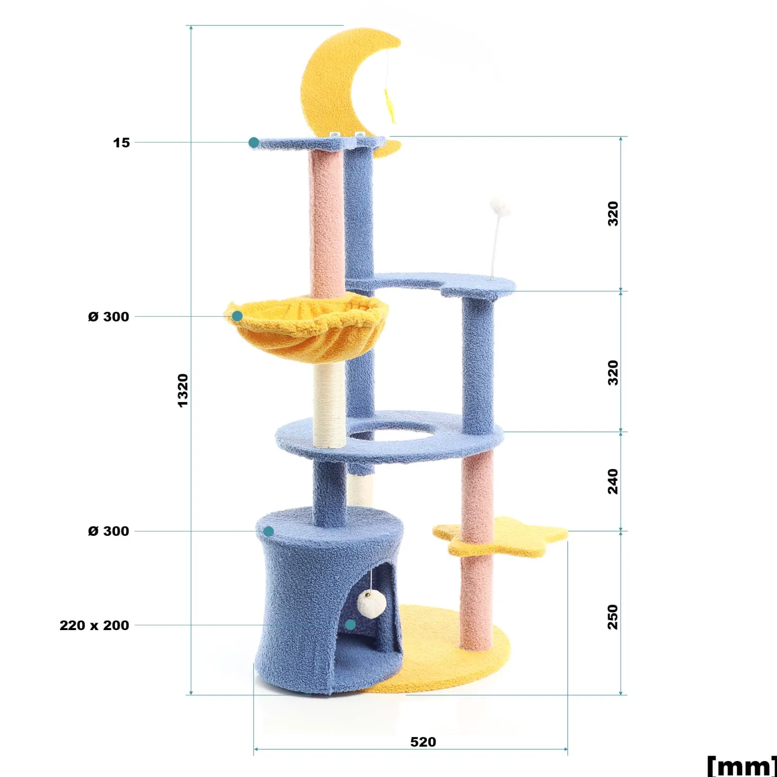 Fudajo Kratzbaum mit Mond und Sterne 132 cm hoch, Katzenkratzbaum in Blau/Gelb, Katzenbaum mit Katzenhaus und Liegemulde, Katzenmöbel mit Spielbälle
