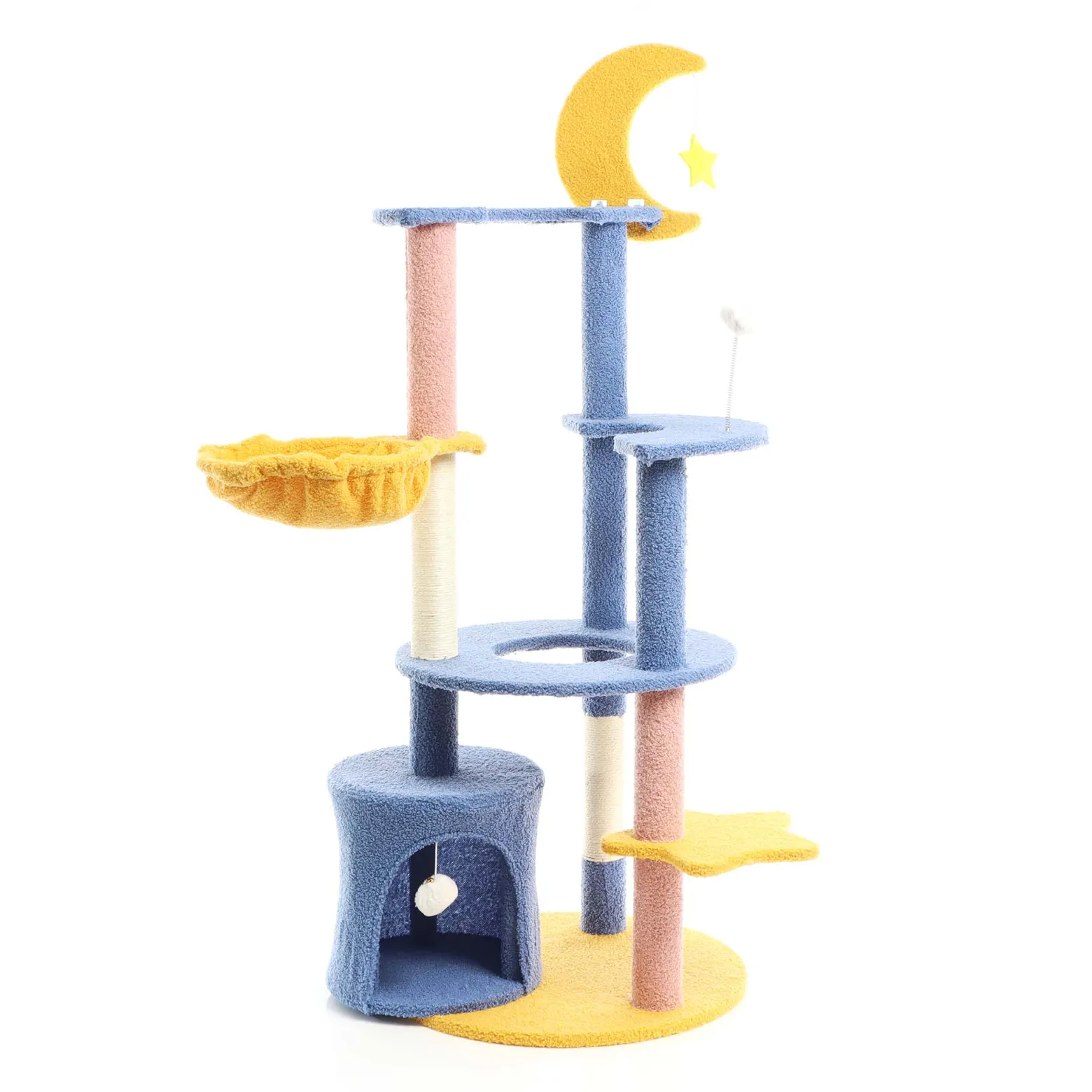 Fudajo Kratzbaum mit Mond und Sterne 132 cm hoch, Katzenkratzbaum in Blau/Gelb, Katzenbaum mit Katzenhaus und Liegemulde, Katzenmöbel mit Spielbälle