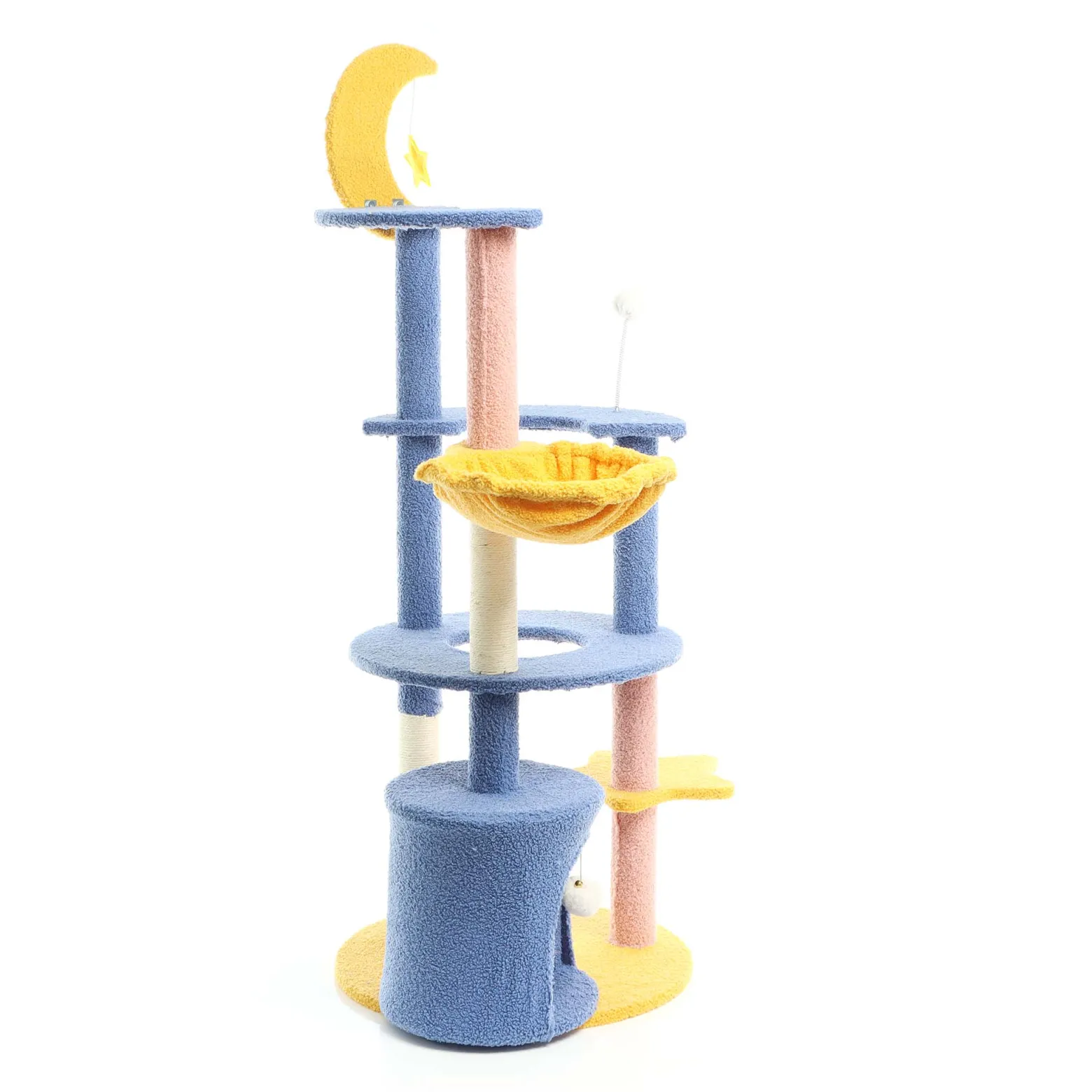 Fudajo Kratzbaum mit Mond und Sterne 132 cm hoch, Katzenkratzbaum in Blau/Gelb, Katzenbaum mit Katzenhaus und Liegemulde, Katzenmöbel mit Spielbälle