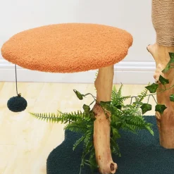 Fudajo Kratzbaum mit Pflanzendeko 135 cm, Katzenkratzbaum mit Teddyfell und Birnbaumholz, Katzenhaus mit Spielbällen, Katzenmöbel mit Plattformen