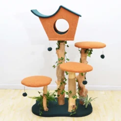 Fudajo Kratzbaum mit Pflanzendeko 135 cm, Katzenkratzbaum mit Teddyfell und Birnbaumholz, Katzenhaus mit Spielbällen, Katzenmöbel mit Plattformen