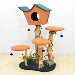 Fudajo Kratzbaum mit Pflanzendeko 135 cm, Katzenkratzbaum mit Teddyfell und Birnbaumholz, Katzenhaus mit Spielbällen, Katzenmöbel mit Plattformen