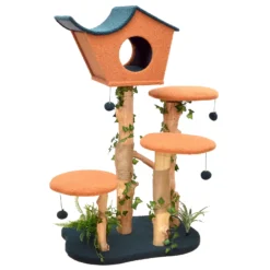 Fudajo Kratzbaum mit Pflanzendeko 135 cm, Katzenkratzbaum mit Teddyfell und Birnbaumholz, Katzenhaus mit Spielbällen, Katzenmöbel mit Plattformen