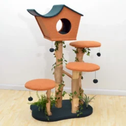 Fudajo Kratzbaum mit Pflanzendeko 135 cm, Katzenkratzbaum mit Teddyfell und Birnbaumholz, Katzenhaus mit Spielbällen, Katzenmöbel mit Plattformen