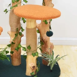 Fudajo Kratzbaum mit Pflanzendeko 135 cm, Katzenkratzbaum mit Teddyfell und Birnbaumholz, Katzenhaus mit Spielbällen, Katzenmöbel mit Plattformen