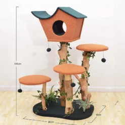 Fudajo Kratzbaum mit Pflanzendeko 135 cm, Katzenkratzbaum mit Teddyfell und Birnbaumholz, Katzenhaus mit Spielbällen, Katzenmöbel mit Plattformen