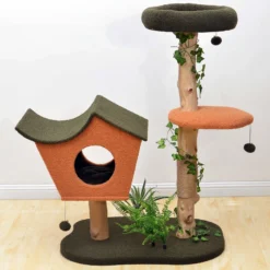 Fudajo Kratzbaum mit Pflanzendeko 114 cm, Katzenkratzbaum mit Teddyfell und Birnbaumholz, Katzenhaus mit Spielbällen, Katzenmöbel mit Plattformen