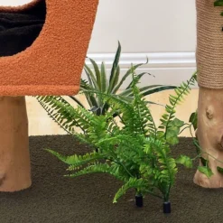 Fudajo Kratzbaum mit Pflanzendeko 114 cm, Katzenkratzbaum mit Teddyfell und Birnbaumholz, Katzenhaus mit Spielbällen, Katzenmöbel mit Plattformen