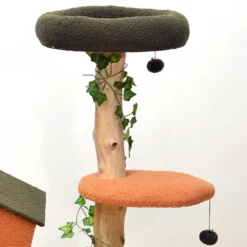Fudajo Kratzbaum mit Pflanzendeko 114 cm, Katzenkratzbaum mit Teddyfell und Birnbaumholz, Katzenhaus mit Spielbällen, Katzenmöbel mit Plattformen