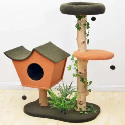 Fudajo Kratzbaum mit Pflanzendeko 114 cm, Katzenkratzbaum mit Teddyfell und Birnbaumholz, Katzenhaus mit Spielbällen, Katzenmöbel mit Plattformen