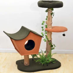 Fudajo Kratzbaum mit Pflanzendeko 114 cm, Katzenkratzbaum mit Teddyfell und Birnbaumholz, Katzenhaus mit Spielbällen, Katzenmöbel mit Plattformen