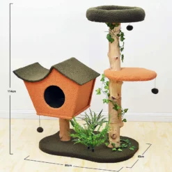 Fudajo Kratzbaum mit Pflanzendeko 114 cm, Katzenkratzbaum mit Teddyfell und Birnbaumholz, Katzenhaus mit Spielbällen, Katzenmöbel mit Plattformen