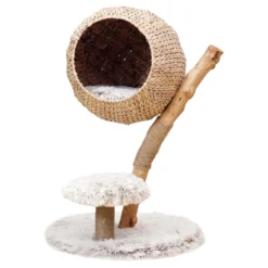 Fudajo Kratzbaum Zweigdesign mit Katzenkorb 83 cm hoch, Designer Katzenkratzbaum mit Liegekorb in Flecht-Optik, Katzenbaum aus Holz mit Plüsch