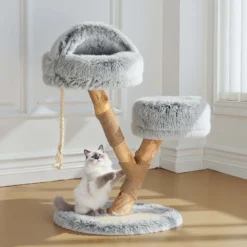 Fudajo Kratzbaum Zweigdesign mit Katzenhöhle 80 cm, Designer Katzenkratzbaum mit Plüsch und Birnbaumholz, Katzenbaum aus Holz mit Kratzmatte