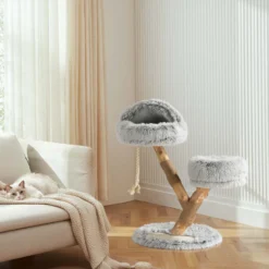 Fudajo Kratzbaum Zweigdesign mit Katzenhöhle 80 cm, Designer Katzenkratzbaum mit Plüsch und Birnbaumholz, Katzenbaum aus Holz mit Kratzmatte