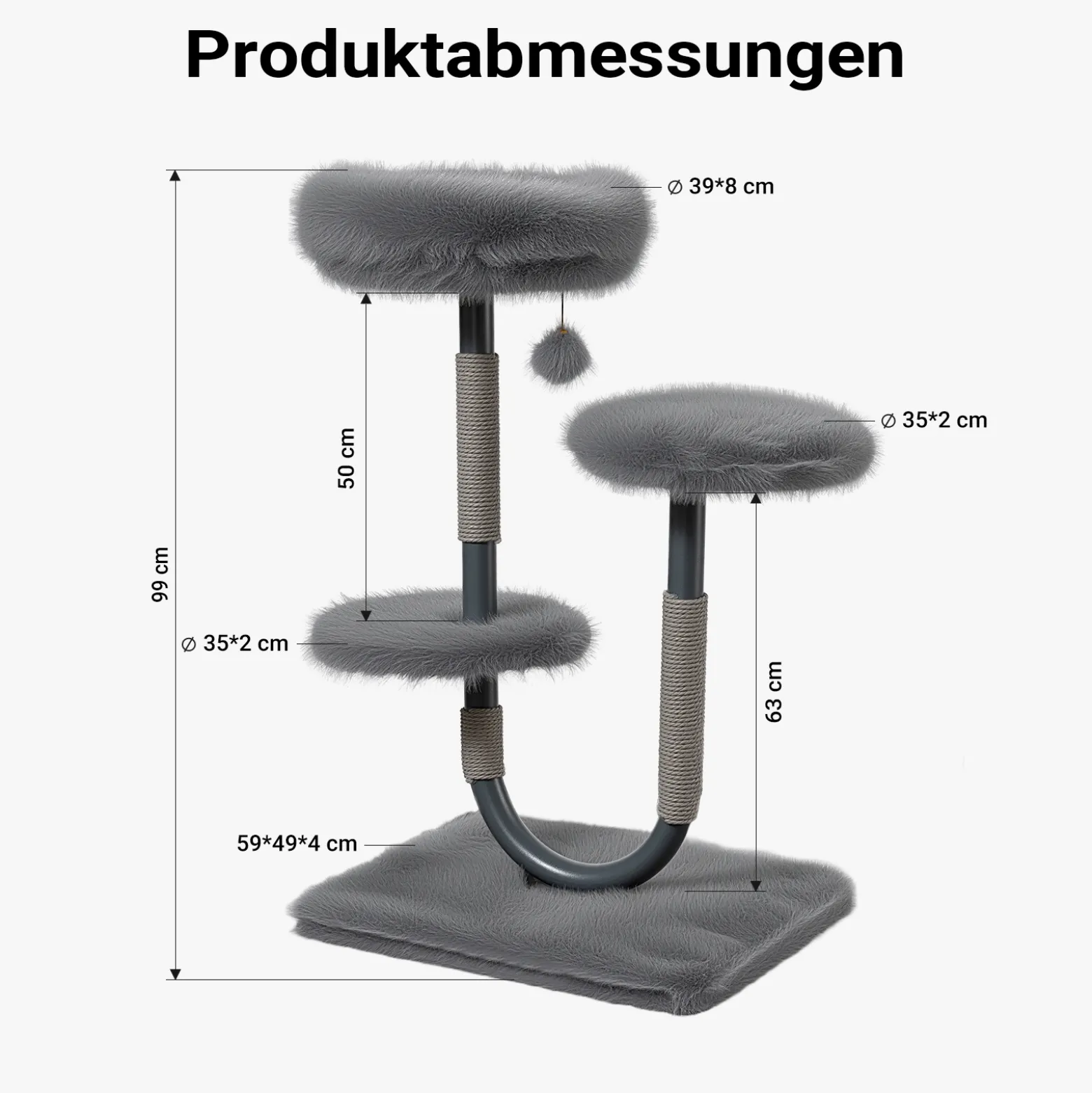 Fudajo Urban Compact 99 cm Kratzbaum grau, U-förmiger Katzenbaum mit Katzenbett, Kratzseil und Spielball