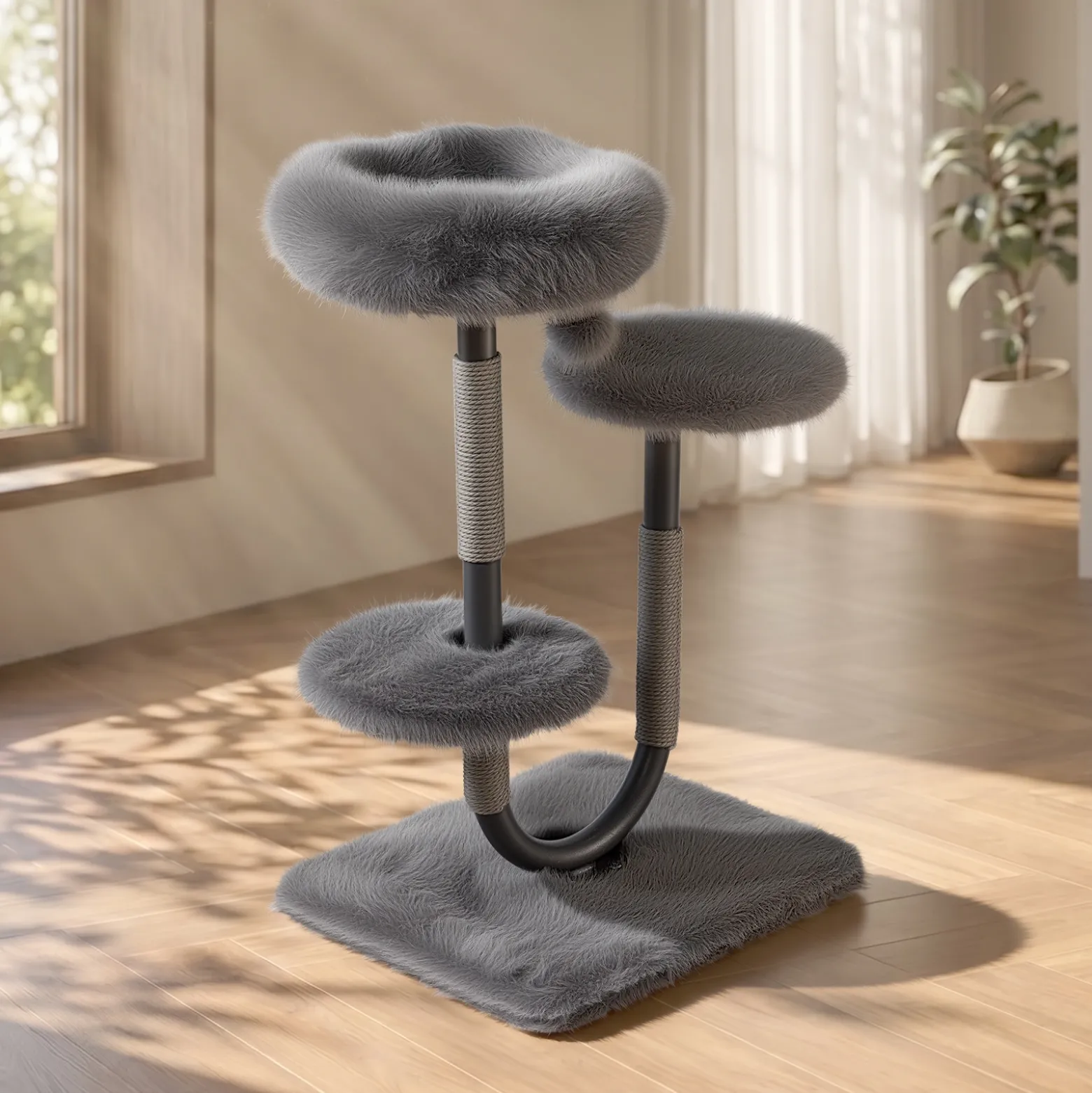 Fudajo Urban Compact 99 cm Kratzbaum grau, U-förmiger Katzenbaum mit Katzenbett, Kratzseil und Spielball