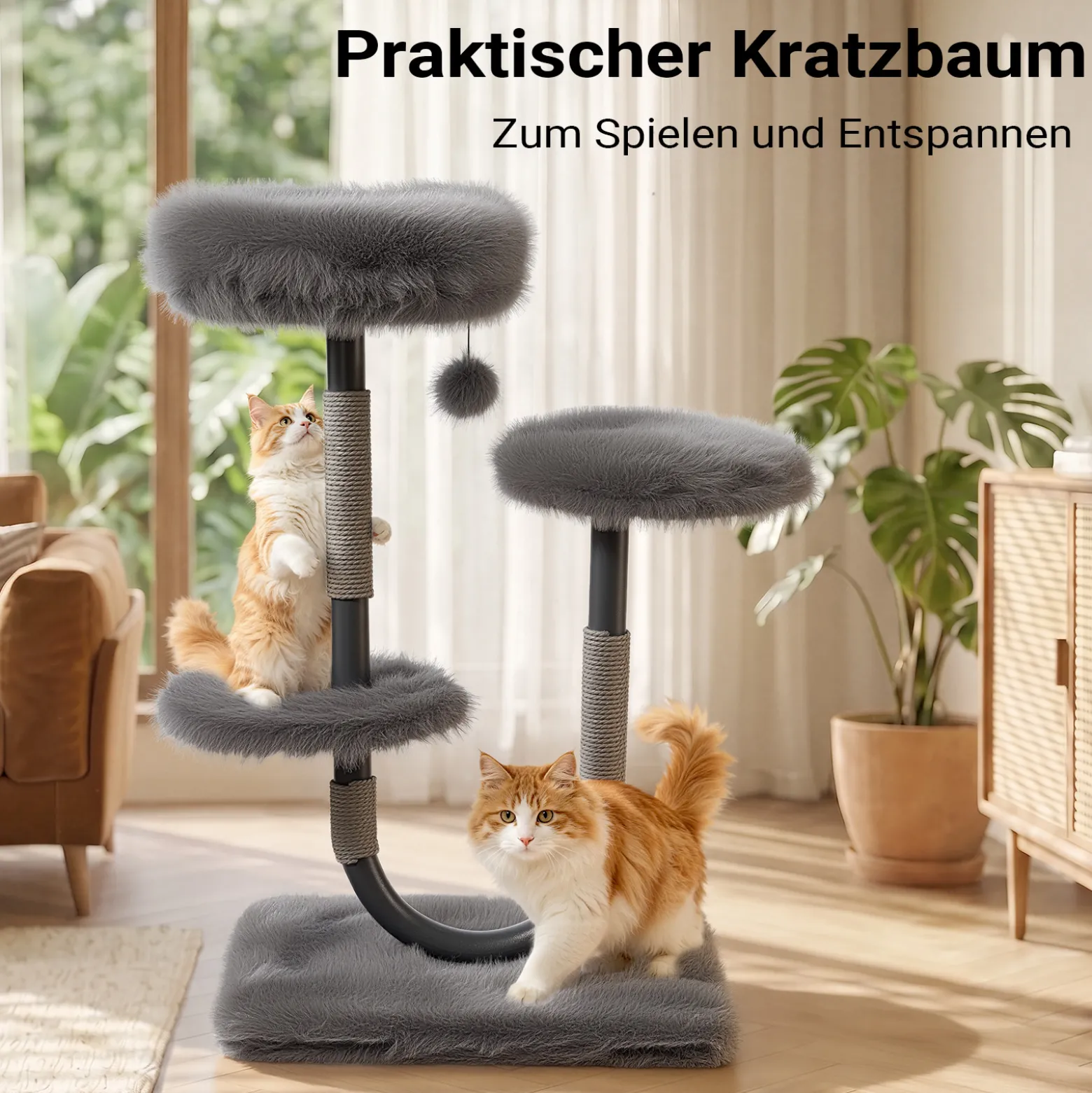 Fudajo Urban Compact 99 cm Kratzbaum grau, U-förmiger Katzenbaum mit Katzenbett, Kratzseil und Spielball