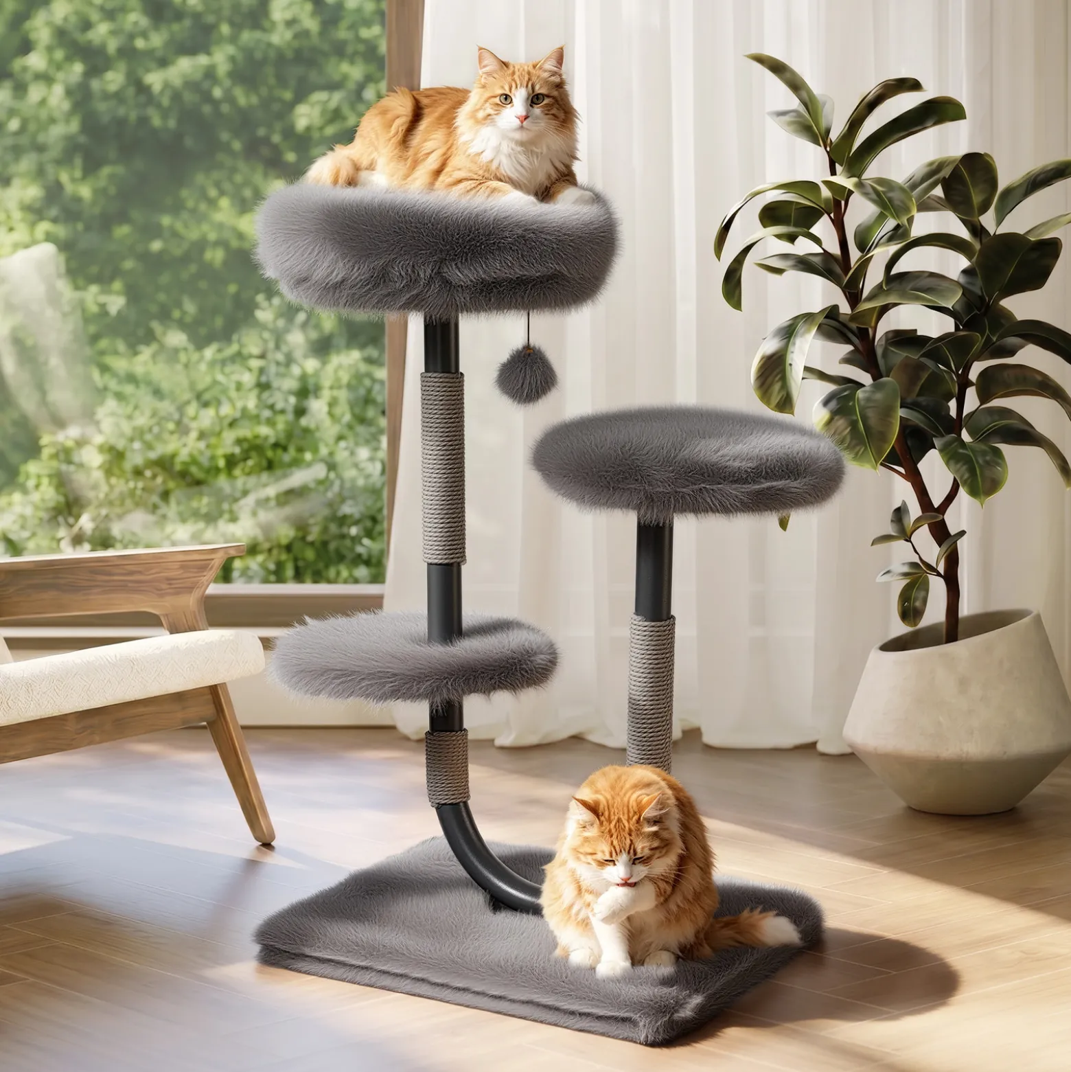 Fudajo Urban Compact 99 cm Kratzbaum grau, U-förmiger Katzenbaum mit Katzenbett, Kratzseil und Spielball