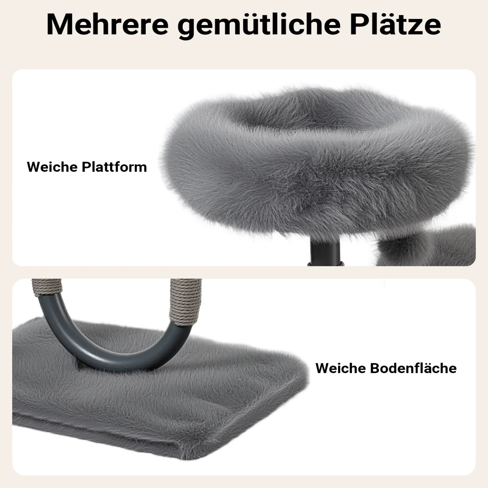 Fudajo Urban Compact 99 cm Kratzbaum grau, U-förmiger Katzenbaum mit Katzenbett, Kratzseil und Spielball