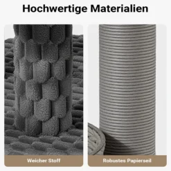 Fudajo Urban Loft 160 cm Kratzbaum grau, Katzenkratzbaum mit Ø 58 cm Bodenplatte, Katzenbaum mit Massageelement, 3 Liegeflächen, 3 Plattformen und Papierseil-Kratzstämmen