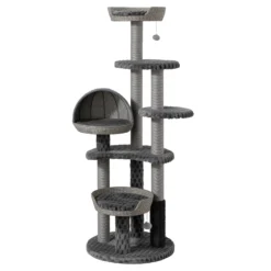 Fudajo Urban Loft 160 cm Kratzbaum grau, Katzenkratzbaum mit Ø 58 cm Bodenplatte, Katzenbaum mit Massageelement, 3 Liegeflächen, 3 Plattformen und Papierseil-Kratzstämmen