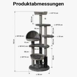 Fudajo Urban Loft 160 cm Kratzbaum grau, Katzenkratzbaum mit Ø 58 cm Bodenplatte, Katzenbaum mit Massageelement, 3 Liegeflächen, 3 Plattformen und Papierseil-Kratzstämmen
